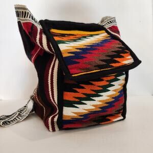 Peruvian Wool Red Black Aztec Print  Lined Backpack Boho Hippie Retro Western